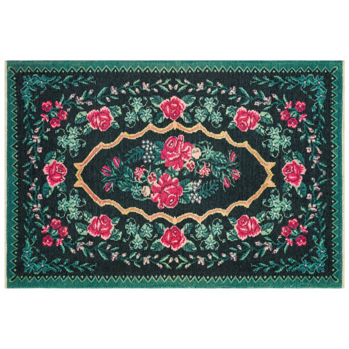Bespoky Vintage Rugs Motto Floral Black/Green/Pink Area Rug Perigold